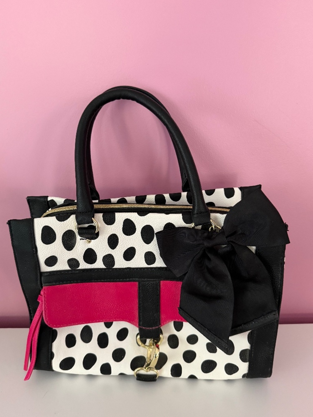 Betsey Johnson Hot Pink Black/White Polka Satchel with Bow